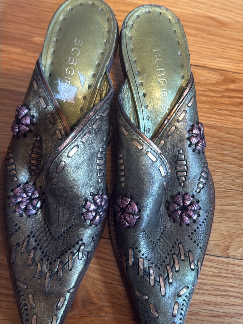 BCBGirls Metallic Green Pointed Toe Mules with Pink Floral Accents